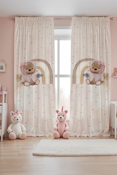 EVPANYA Cream Teddy Bear Patterned Children's Baby Room Background Curtain (Single Wing Pricing)