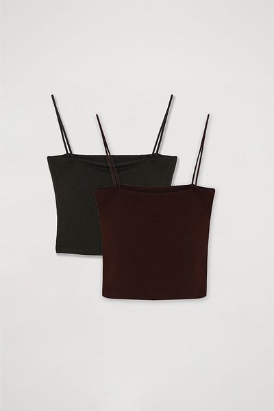 Quzu Modal Strap Crop Basic Undershirt 2 Pack Black-Brown