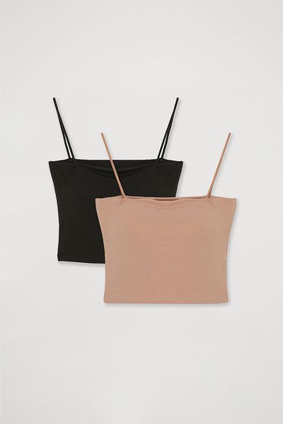 Quzu Modal Strap Crop Basic Undershirt 2 Pack Black-Beige