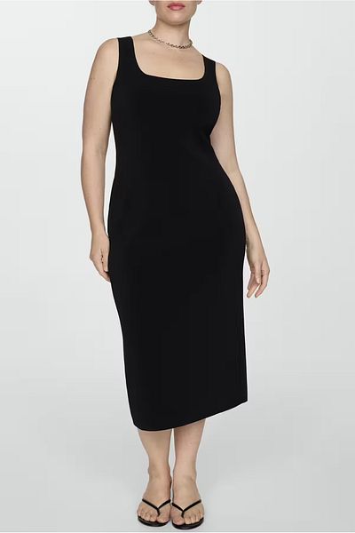 FOR ESRA BIG TREND Women's Plus Size Square Neck Thick Strap Side Slit Crepe Woven Stretchy Midi Pencil Dress