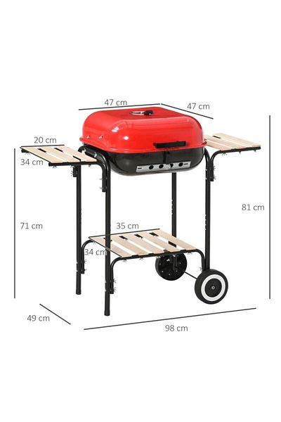 Mercaton Charcoal garden barbecue, rectangular grill, with wheels, lid, shelves, 43 cm, 98x49x81 cm