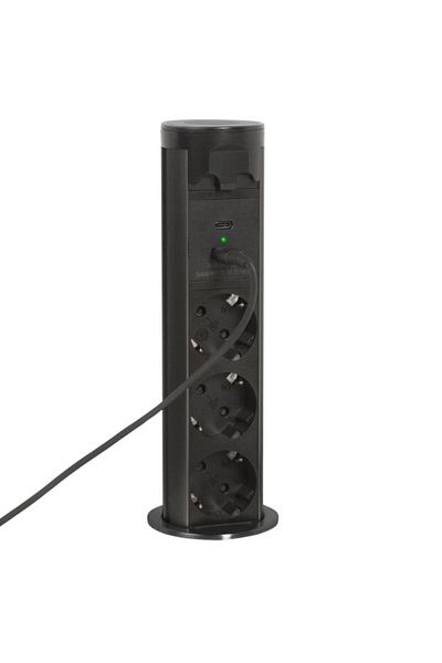 Mercaton Concealed Electrical Distributor, Retractable, for Desk or Countertop, 3 Sockets with Child Protection,