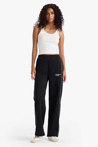 DeFacto Gerade geschnittene, bedruckte, elastische schwarze Damen-Jogginghose...