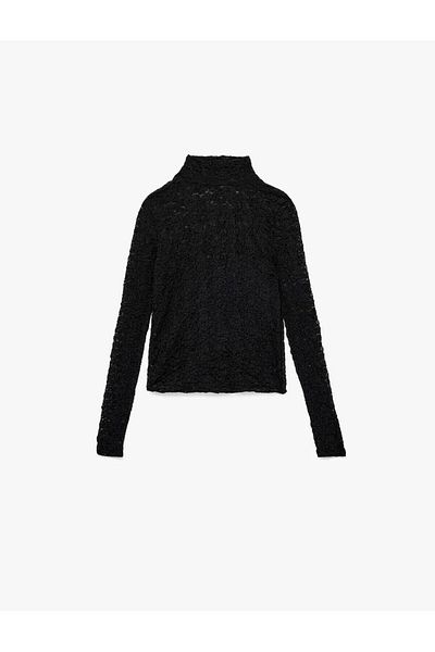 Koton Stand Collar Floral Textured Lace Black Women's Blouse 6Wak80001Ek