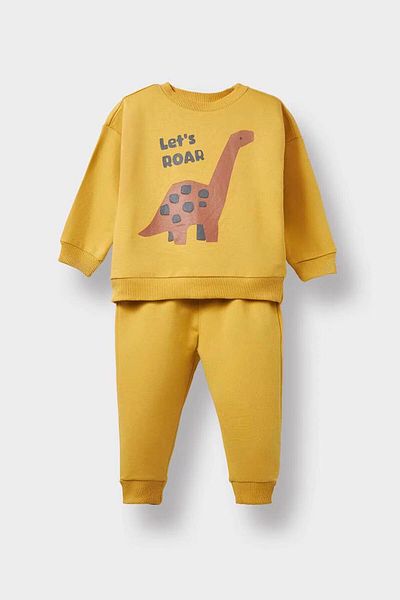 DeFacto 2-Piece Dinosaur Printed Sweatshirt Sweatpants Yellow Baby Boy Bottom-Top Set E9264A5/Yl310
