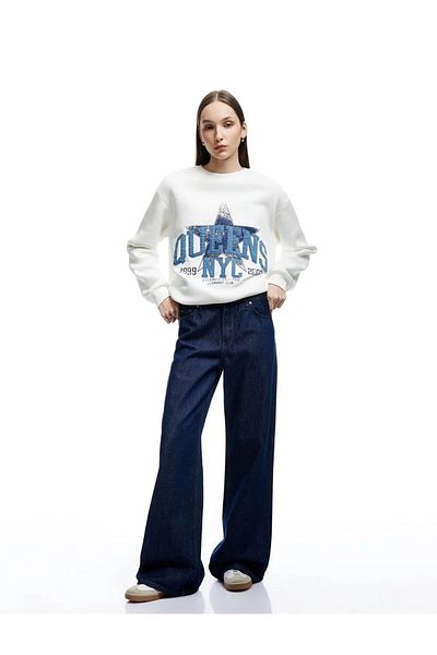 Koton Three Thread Raised Printed Oversize Ecru Women's Sweatshirt 6Wal10127Ik