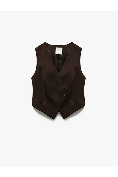 Koton Buttoned Sleeveless V-Neck Brown Women's Vest 6Wak20013Uw