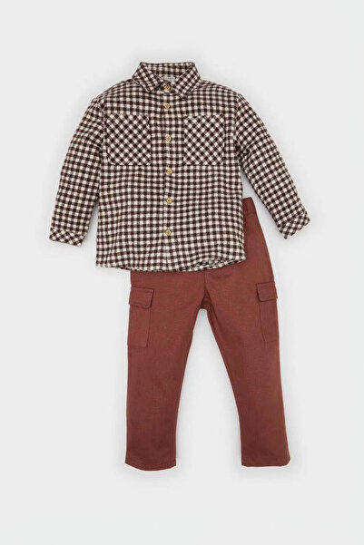 DeFacto Checkered Long Sleeve Shirt Cargo Pocket Bottom Brown Baby Boy Bottom...