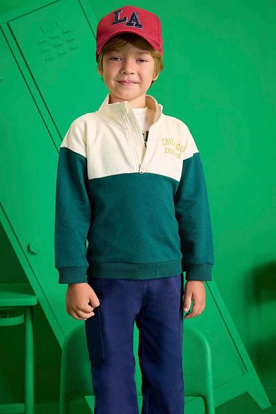 DeFacto 2-Piece Printed School Sweatshirt Sweatpants Dark Green Baby Boy Bottom-Top Set F3260A5/Gn671