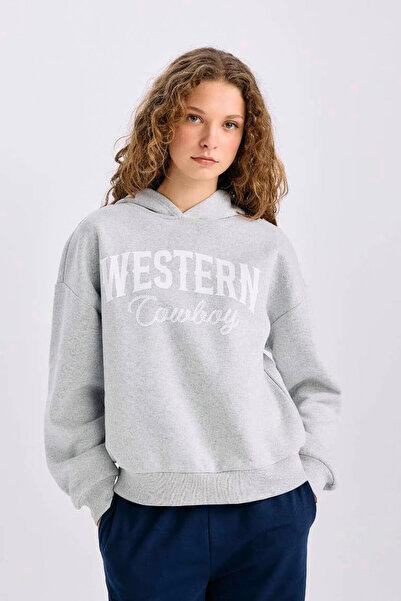 DeFacto Oversize Geniş Kalıp Kapüşonlu Baskılı Kalın Sweatshirt E3658AXNS