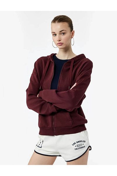 Koton Burgundy Women's Sweatshirt with Raised Kangaroo Pocket Detail 6Wal10113Ik