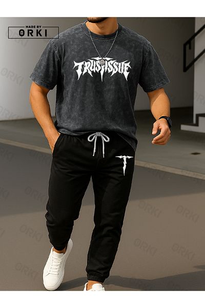 EFFRENATU Trust Issue Printed Oversize Tie Dye T-Shirt & Black Pants Tracksuit Set