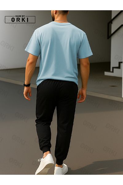 EFFRENATU Trust Issue Printed Oversize Light Blue T-Shirt & Black Pants Tracksuit Set