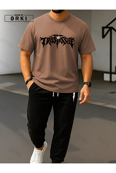 EFFRENATU Trust Issue Printed Oversize Light Brown T-Shirt & Black Pants Tracksuit Set