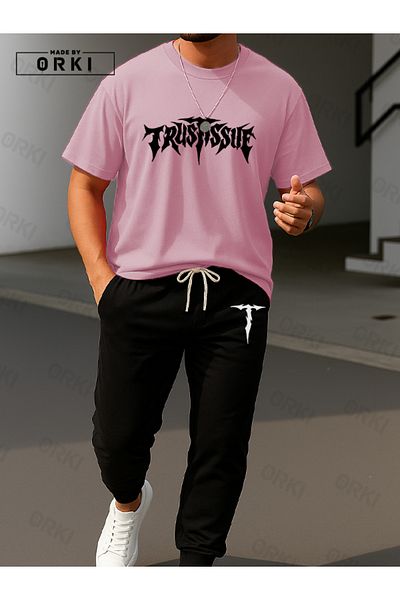 EFFRENATU Trust Issue Printed Oversize Pink T-Shirt & Black Pants Tracksuit Set