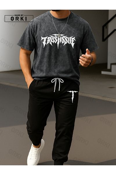 EFFRENATU Trust Issue Printed Oversize Tie Dye T-Shirt & Black Pants Tracksuit Set