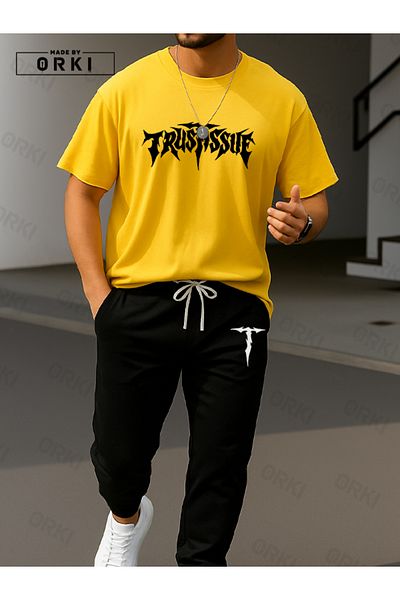 EFFRENATU Trust Issue Printed Oversize Yellow T-Shirt & Black Pants Tracksuit Set