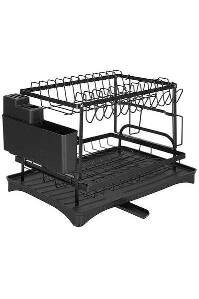 SERSIMO 2-tier dish rack with drip tray and cutlery holder, 42x30x31.5 cm, black