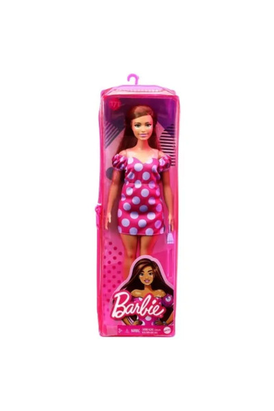 JollyMag Păpușa Barbie Fashionista - Brunetă cu Rochie Roz cu Buline