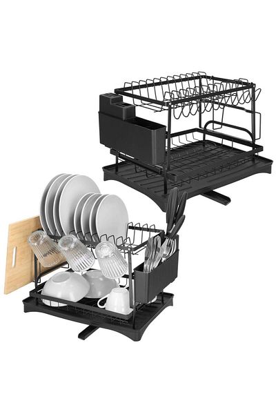 SERSIMO 2-tier dish rack with drip tray and cutlery holder, 42x30x31.5 cm, black