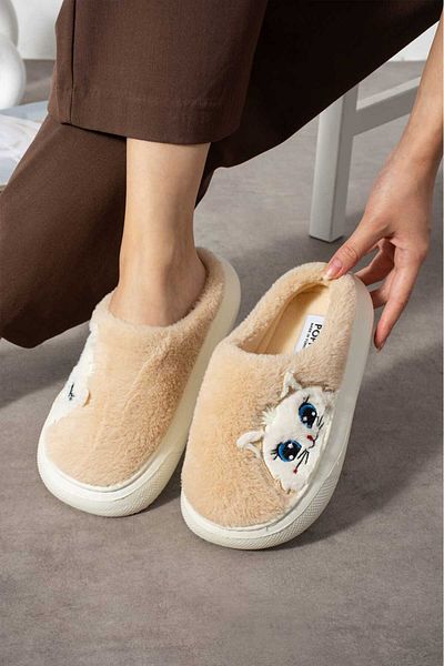 STOCON Women's Indoor Slippers with Cat Figure Plush Indoor Slippers Do Not Make Sound Sole Warm Stylish Design Stc1136