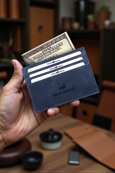 Frank Martin Double Sided Money Pocket Classic Crazy Genuine Leather Card Holder Navy Blue