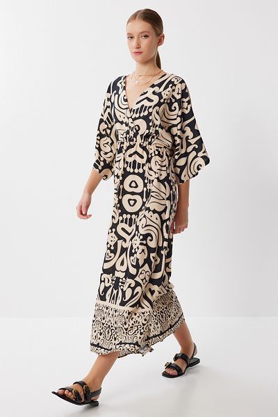 Lovelyİstanbul Patterned Wrap Collar Summer Viscose Dress Lzv0023 Cream Black