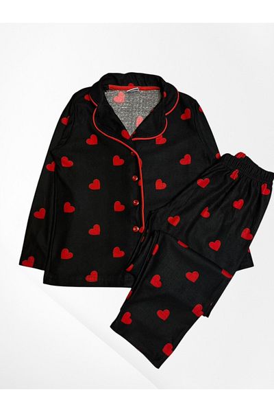 Pajama Shop Girl's Cotton Fabric Suede Black Color Red Heart and Piping Shirt Collar Buttoned Pajama Set