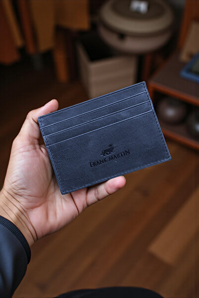 Frank Martin Double Sided Money Pocket Classic Crazy Genuine Leather Card Holder Navy Blue