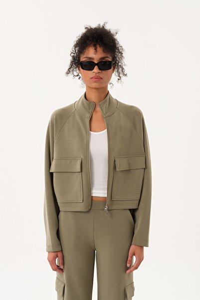 SPORTEMPT Kare Cep Detaylı Dik Yaka Kadın Fermuarlı Ceket - Haki