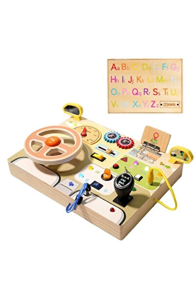 LEBLOU Tablă senzorială Montessori din lemn cu volan, lumini și butoane – Tablă ocupată pentru copii