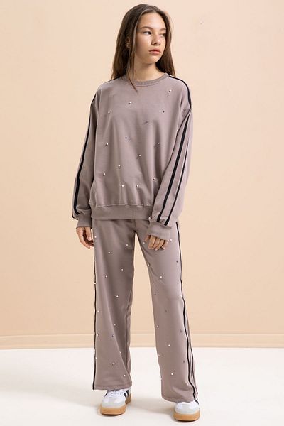 Cansın Mini Brown Pearl Embroidered Crew Neck Girl's Striped Tracksuit Set 21294
