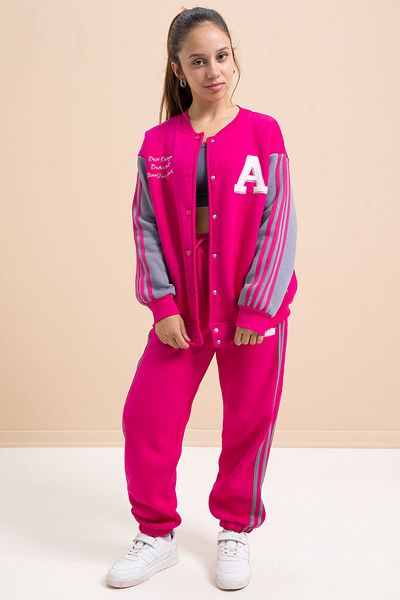Cansın Mini Fuchsia Written College Jacket Girl's Striped 3 Thread Hooded Tracksuit Set 21297