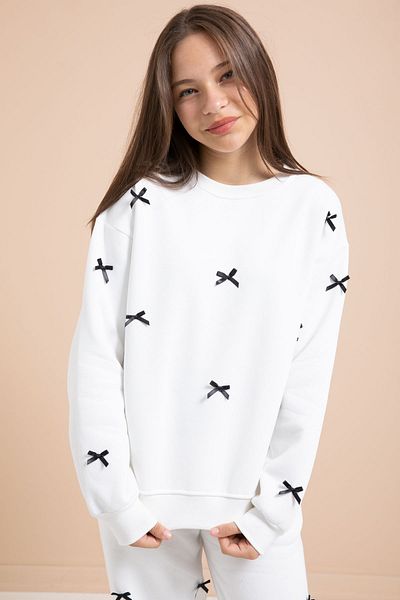 Cansın Mini White Bow Embroidered Crew Neck Girl's Hooded Tracksuit Set 21289