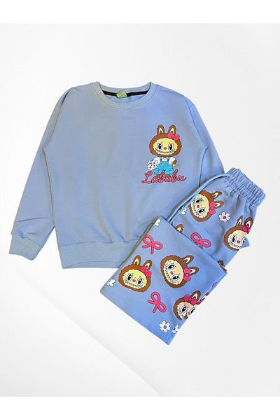 Pajama Shop Girl's Cotton Fabric Light Blue Color 2 Thread Labubu Patterned Winter Tracksuit Set