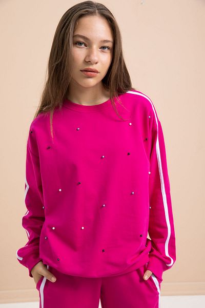 Cansın Mini Fuchsia Pearl Embroidered Crew Neck Girls Striped Tracksuit Set 21292