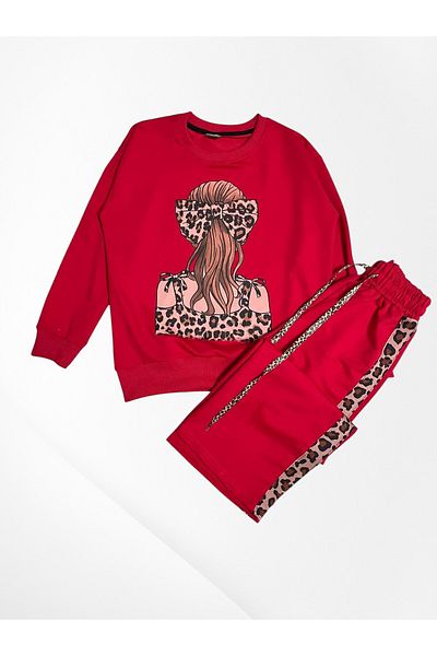 Pajama Shop Girls' Cotton Fabric Red Color 2 Thread Leopard Buckle Patterned Winter Tracksuit Set