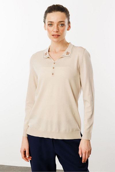 Desen Women's Polo Collar Embroidered Summer Knitwear Blouse