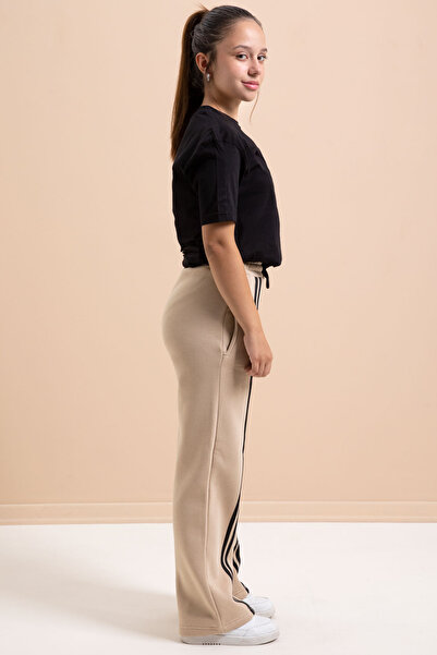 Cansın Mini Μπεζ μπεζ μπροστινή ρίγα με φαρδύ πόδι για κορίτσια Basic Sweatpants 21276