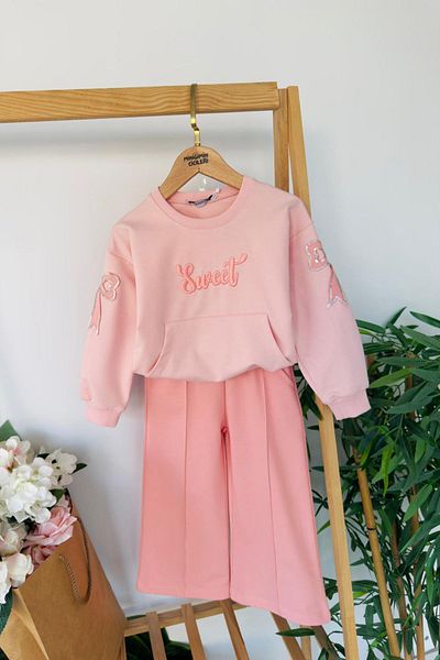 Minigimin Cicileri My Little One's Spaniard Girl's Suit with Sweat Embroidered Bow and Sequin Detail - Salmon