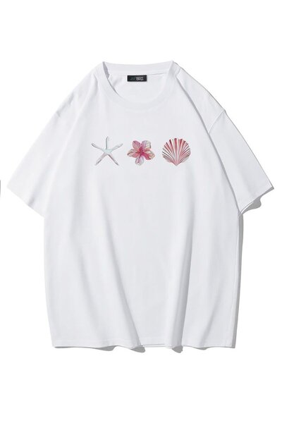 BRZ COLLECTION Tricou oversize unisex cu stea de mare, flori și scoici alb
