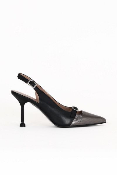 Bueno Shoes Black Leather-Steel Snake Women's Heeled Shoes 33Wg7588