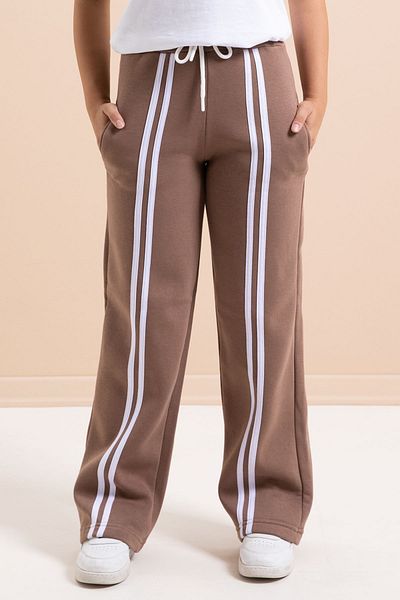 Cansın Mini Brown Front Striped Wide Leg Raised Girl's Basic Sweatpants 21274