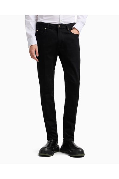 Emporio Armani Men's Denim Fabric Slim Fit Button Closure Black Pants with Pockets Em000121 Af19825-Mc002