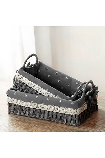 Cozy Nest Set of 2 Handwoven Storage Baskets with Handles Rectangular Woven Bins with Removable Fabric Liners