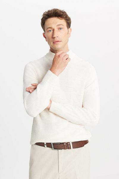 ALTINYILDIZ CLASSICS Men's Ecru Standard Fit Regular Cut Half Turtleneck Jacquard Knitwear Sweater