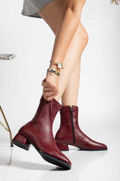 EYLÜLDEN MODA SHOES Frosty Low Heeled Tpu Sole Burgundy Skin Blunt Toe Side Zipper Stretch Boots