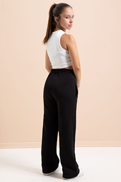 Cansın Mini Black Wide Leg Raised Girl's Basic Sweatpants with Stripes on the Front 21275