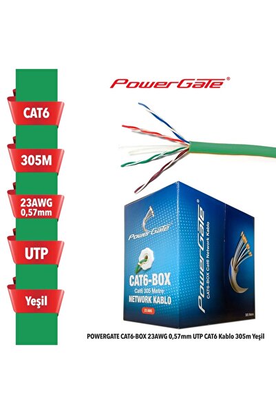Powergate Cat6-box-gn، 23awg 0,57 مم، Utp، كابل Cat6، 305 م، أخضر