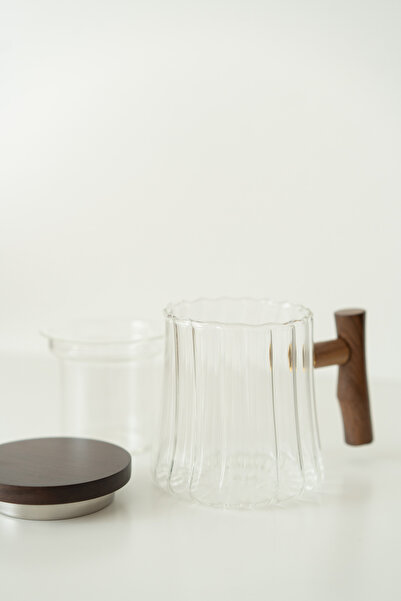 Dekorzdükkan 04 Acacia Handle Striped Model Glass Teapot (Borosilicate Glass)